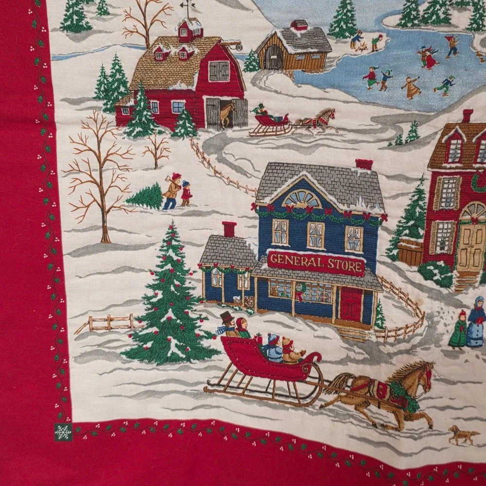 Vintage Christmas Winter Village Scenic Red Border Wall Hanging Ribbon Loops